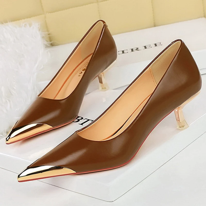 BIGTREE Shoes Retro High Heels Metal Pointed Tip Women Pumps Stiletto 9.5 Cm And 4.5cm Heels Sexy Party Shoes Office Shoes