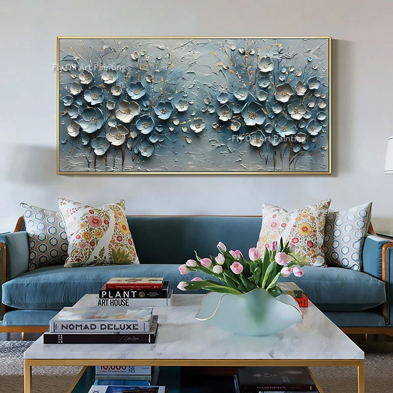 Original Design Blue White Florals Canvas Wall Art Flowers Knife Thick Oil Painting Handpainted Golden Blue And White Art Decor