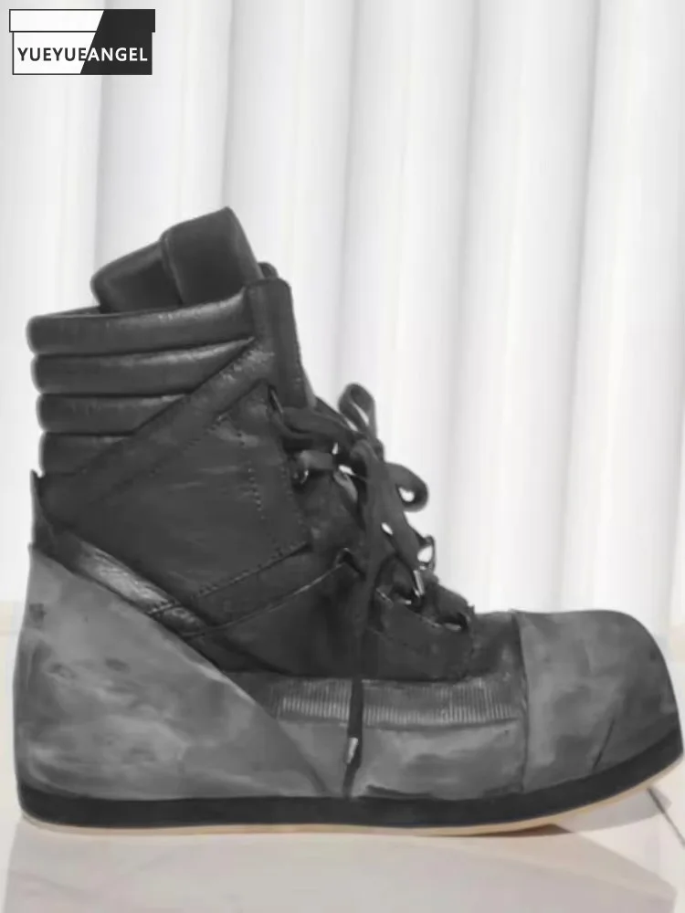 

Gothic Design Men Cowhide Genuine Leather Ankle Boots Work Safety Shoes Vintage High Top Thick Platform Height Increasing Boots