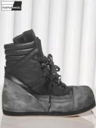 Gothic Design Men Cowhide Genuine Leather Ankle Boots Work Safety Shoes Vintage High Top Thick Platform Height Increasing Boots