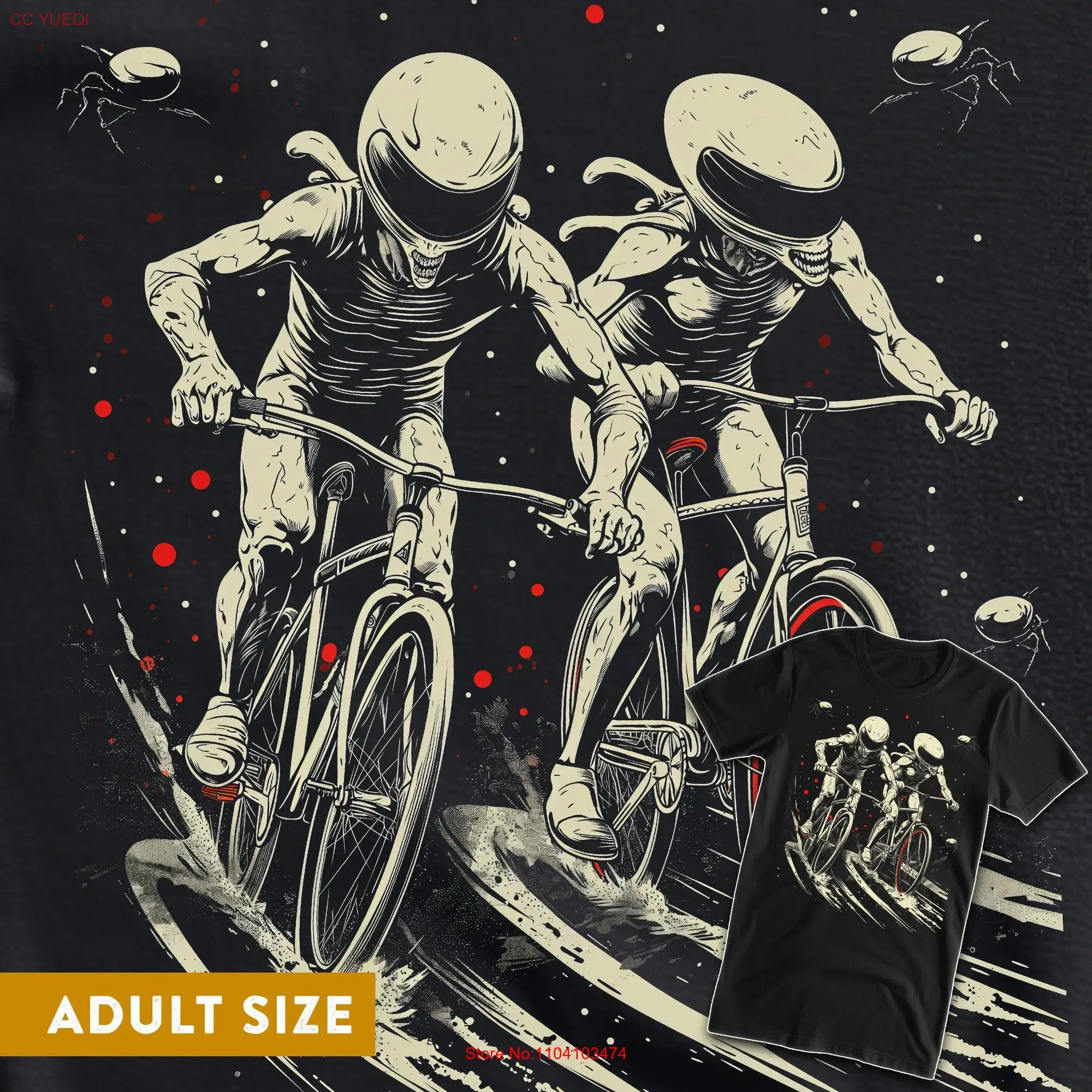 Xeno Buddies Aliens Riding Bicycles Black T Shirt long or short sleeves