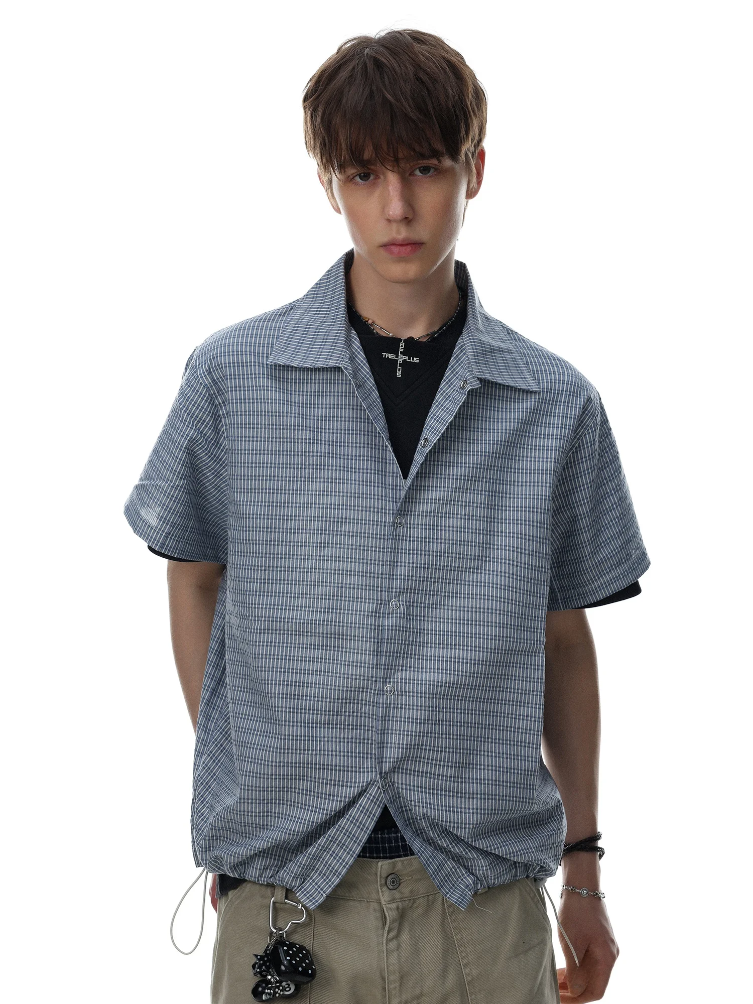 MRNEARLY American Retro Plaid Drawstring Short Sleeve Men's Shirt Summer Loose Casual Commuter Style Top Cotton Polyester Blend
