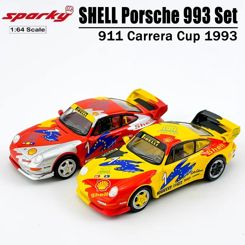 Sparky&Tiny 1/64 SHELL Porsche 993 Set (with Rear Spoiler) 911 Carrera Cup 1993 Alloy Toy Motor Vehicle Diecast Metal Model Gift