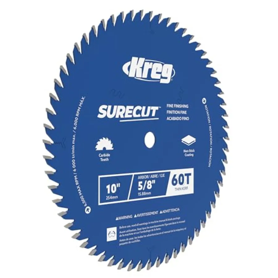 Kreg SureCut Saw Blade - Surecut Carbide-Tipped 60-Tooth Finishing Blade for Smooth Cutting - Anti-Vibration and Anti-Stick Coa