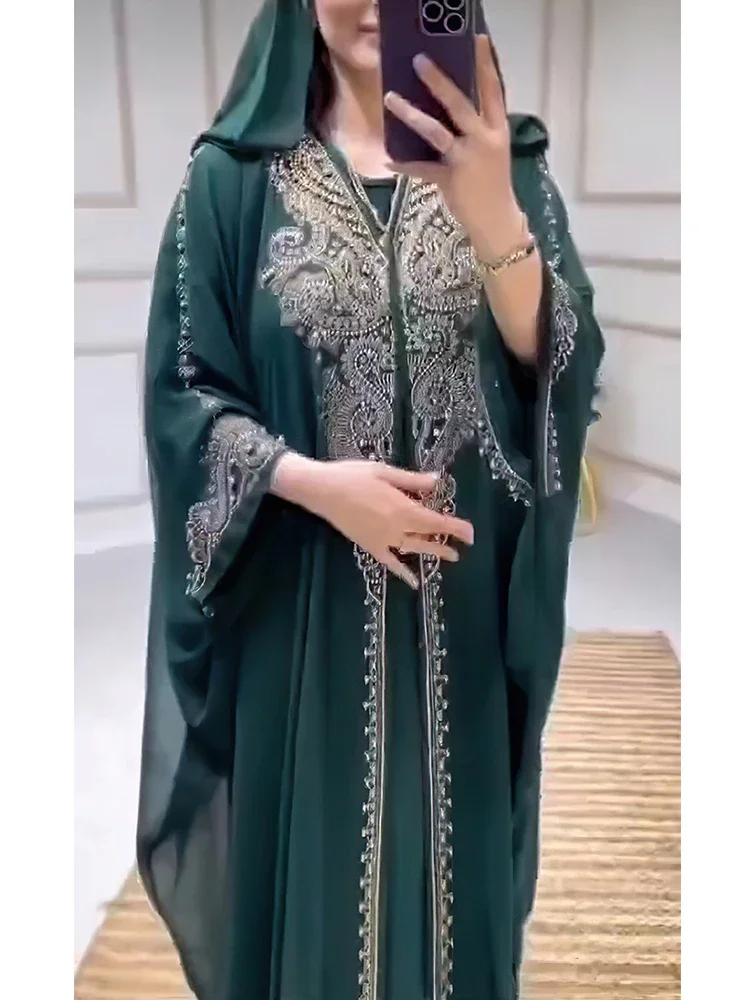 Vestido muçulmano para mulheres, Abaya com capuz, Diamond Jalabiya, Vestidos de festa Marrocos, Dubai Abayas, Kaftan, Long Robe, Conjunto de 2 peças