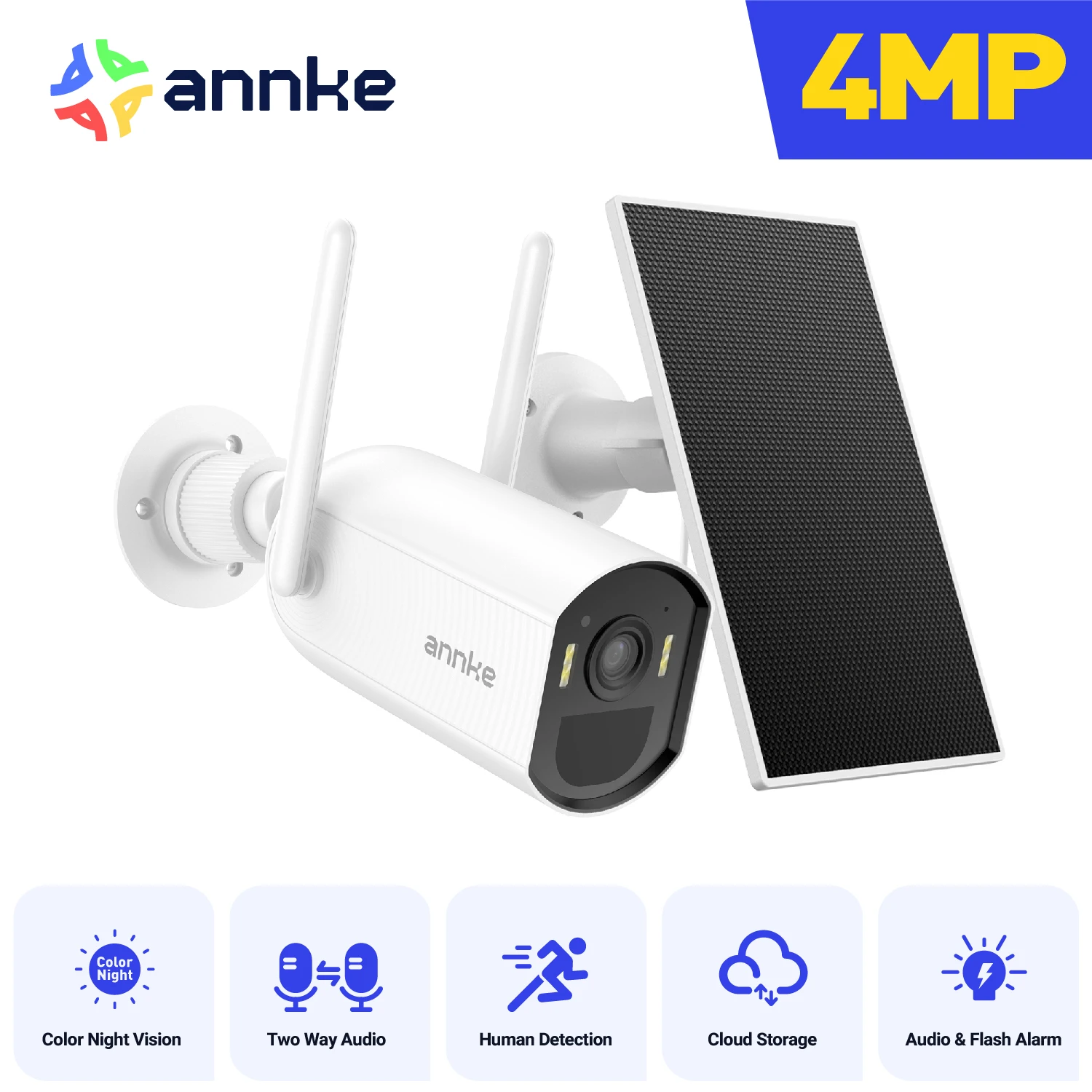 ANNKE 4MP Solar Battery WiFi 6 Security Camera, 2.4G/5GHz Dual-Band Wireless Outdoor Cam, PIR Human Detection, Two-Way Audio, Color Night Vision, IP65