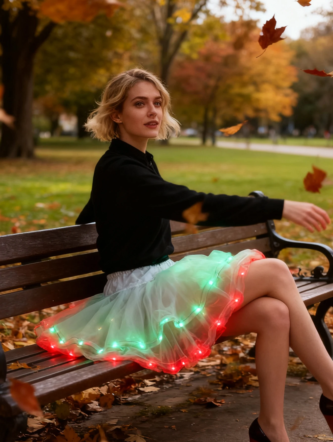 Ein grüner und roter leuchtender Minirock, der sich in einen magischen Wald tritt, mit dem roten Beeren und dem grünen Ranken fließt
