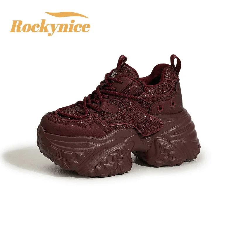 

Autumn Winter New Women's Thick Bottom Dad Shoes 9CM Heels Casual Sports Sneakers Anti-slip High Platform Leisure Bling Shoes
