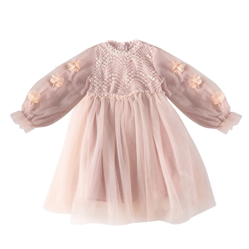 فستان الخريف للفتيات من الدانتيل فستان الأميرة مع تنورة شفافة فستان تول أنيق للأطفال الصغار