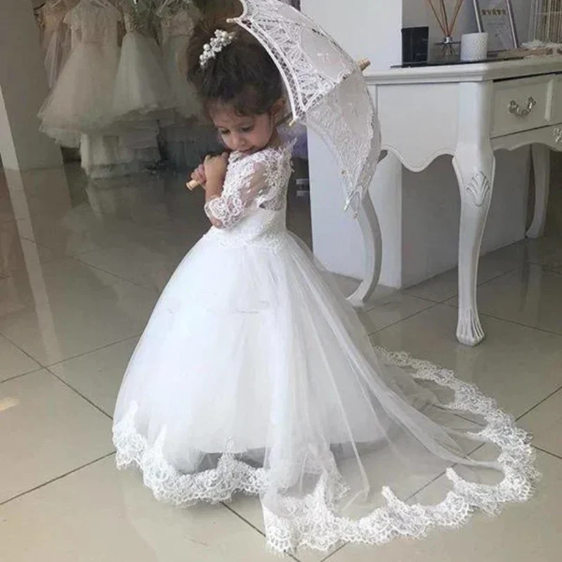 White Long Sleeve V Neck Lace Flower Girl Dress for Wedding Evening Party Kids Formal Princess Junior Bridesmaid Dress 2023