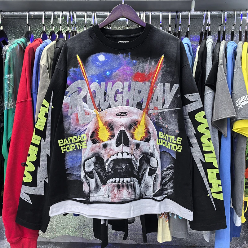 

American Street Rough Play Street Vintage Skeleton Letter Print Washed Distressed Fake Two-Piece Unisex Long Sleeve T-Shirt