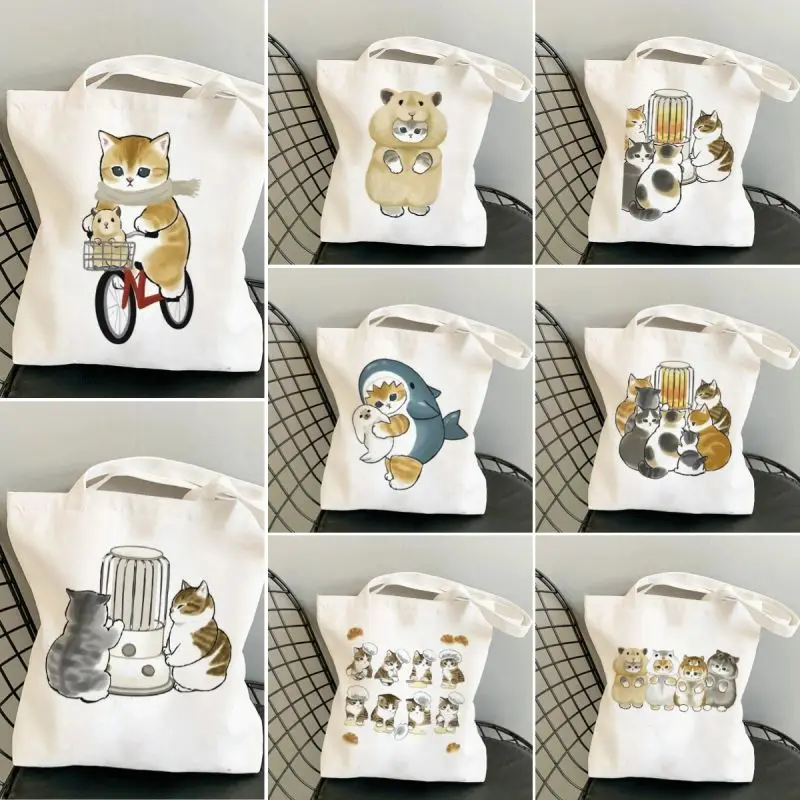 Cute Cats Animal Kawaii Shopping Bag Handbag Canvas Reusable Large Capacity Storage Tote Bag Shoulder Bags for Pet Shop Gift