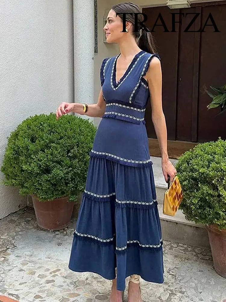 TRAFZA Summer Fashion Women Dresses V-Neck Sleeveless Back Zipper Lace Decorative Tassels Woman High Street Vestidos Dress Mujer