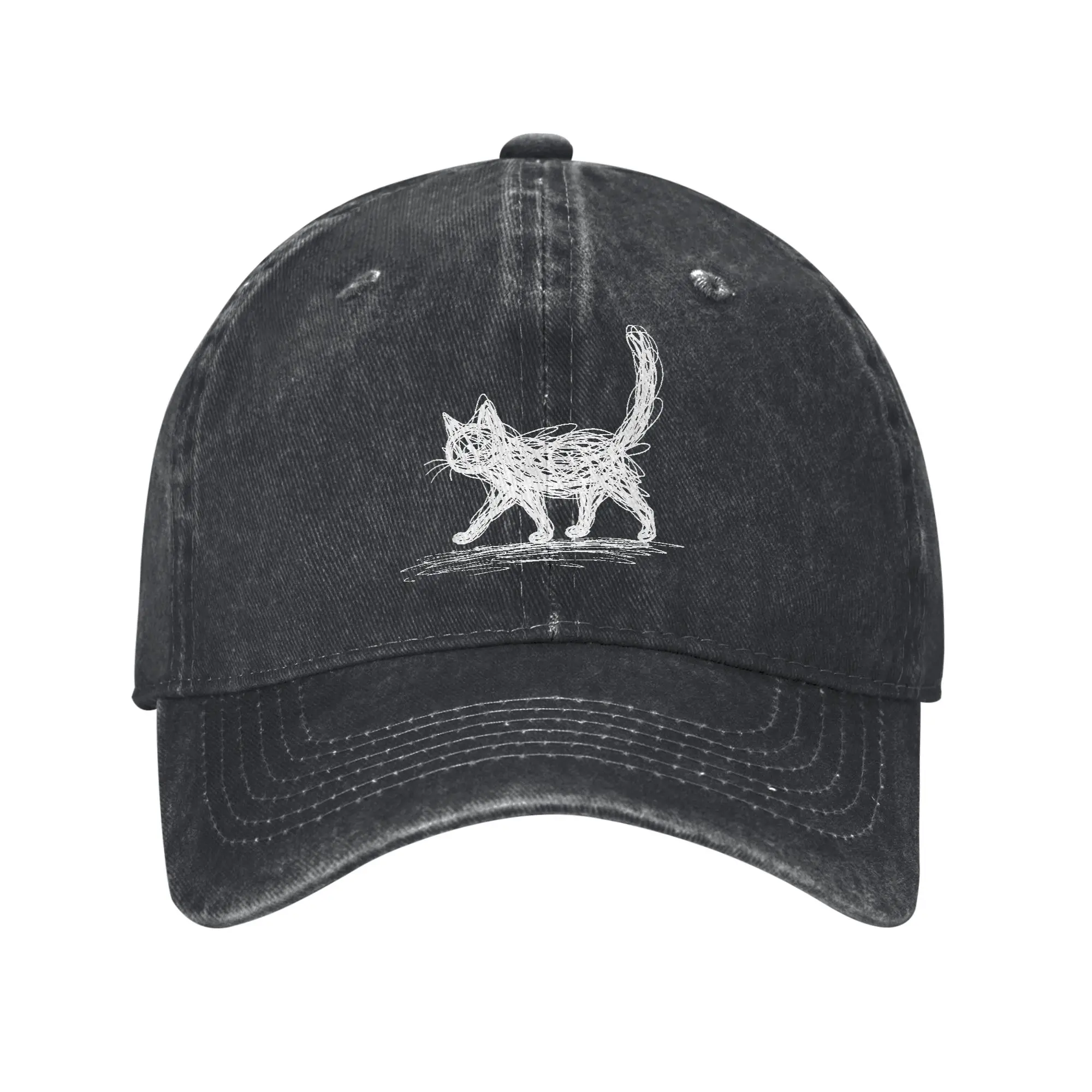 Vintage Minimalistic Art Minimalist Cat Baseball Cap Men Women Distressed Cotton Sun Cap Hand Drawn Kitten Outdoor Gift Hats Cap