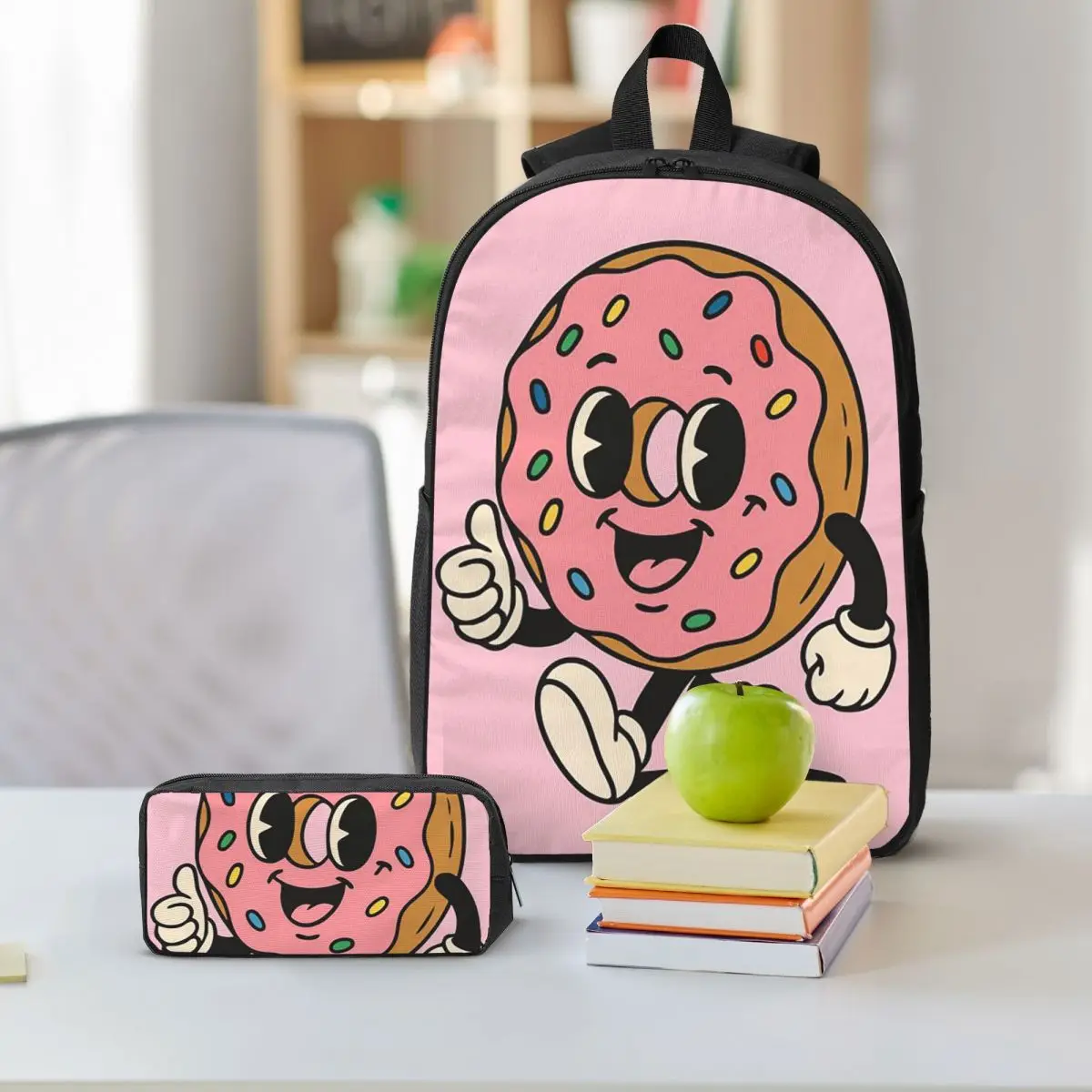 Cute Cartoon Sweet Doughnut Print Backpack Student BookBag School Bag Shoulder Bags 3ps Insulated Lunch Bag Pencil Case
