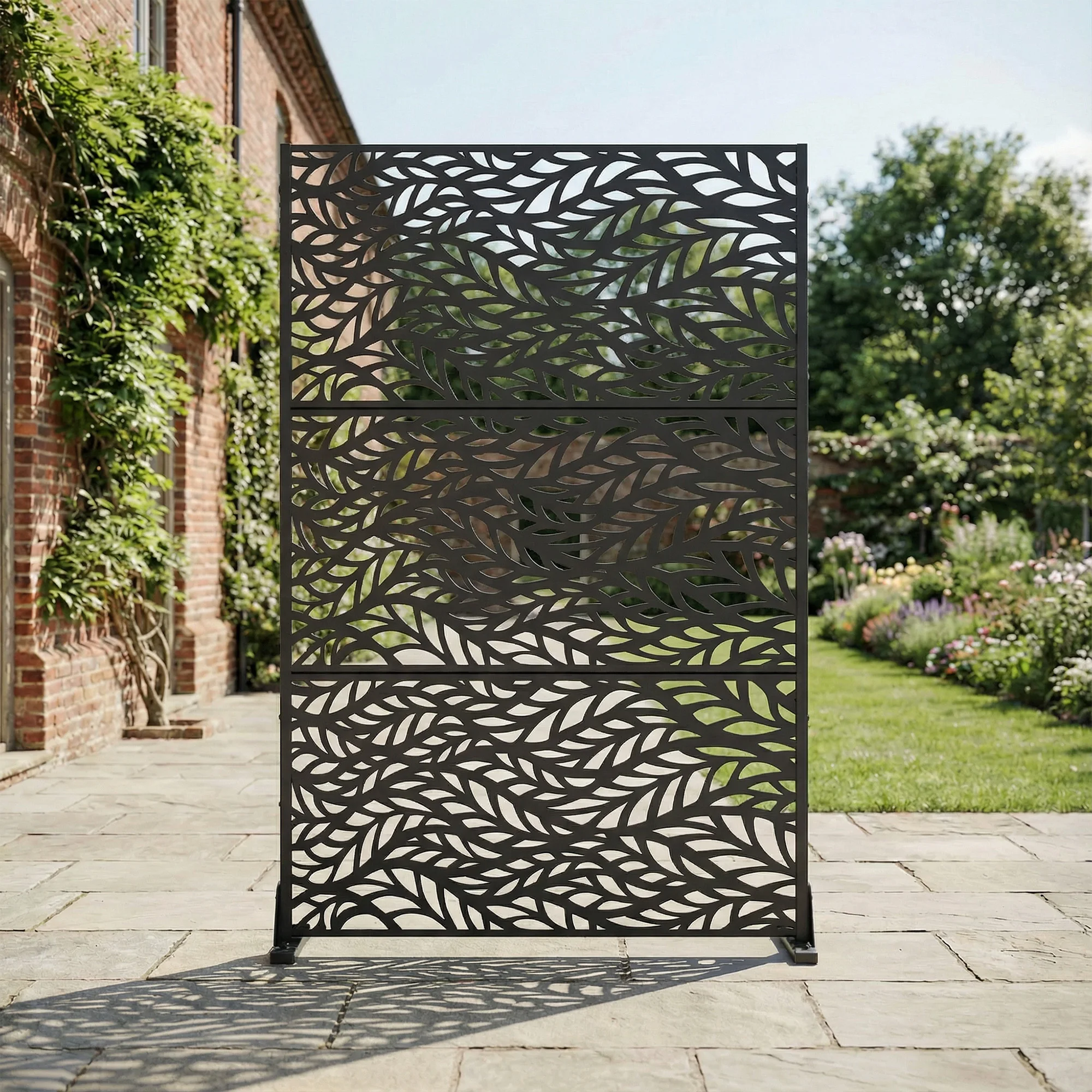 

16 in. D x 47 in. W x 72 in. H Black Galvanized Steel Outdoor Privacy Screen Decorative Metal Fence Panel