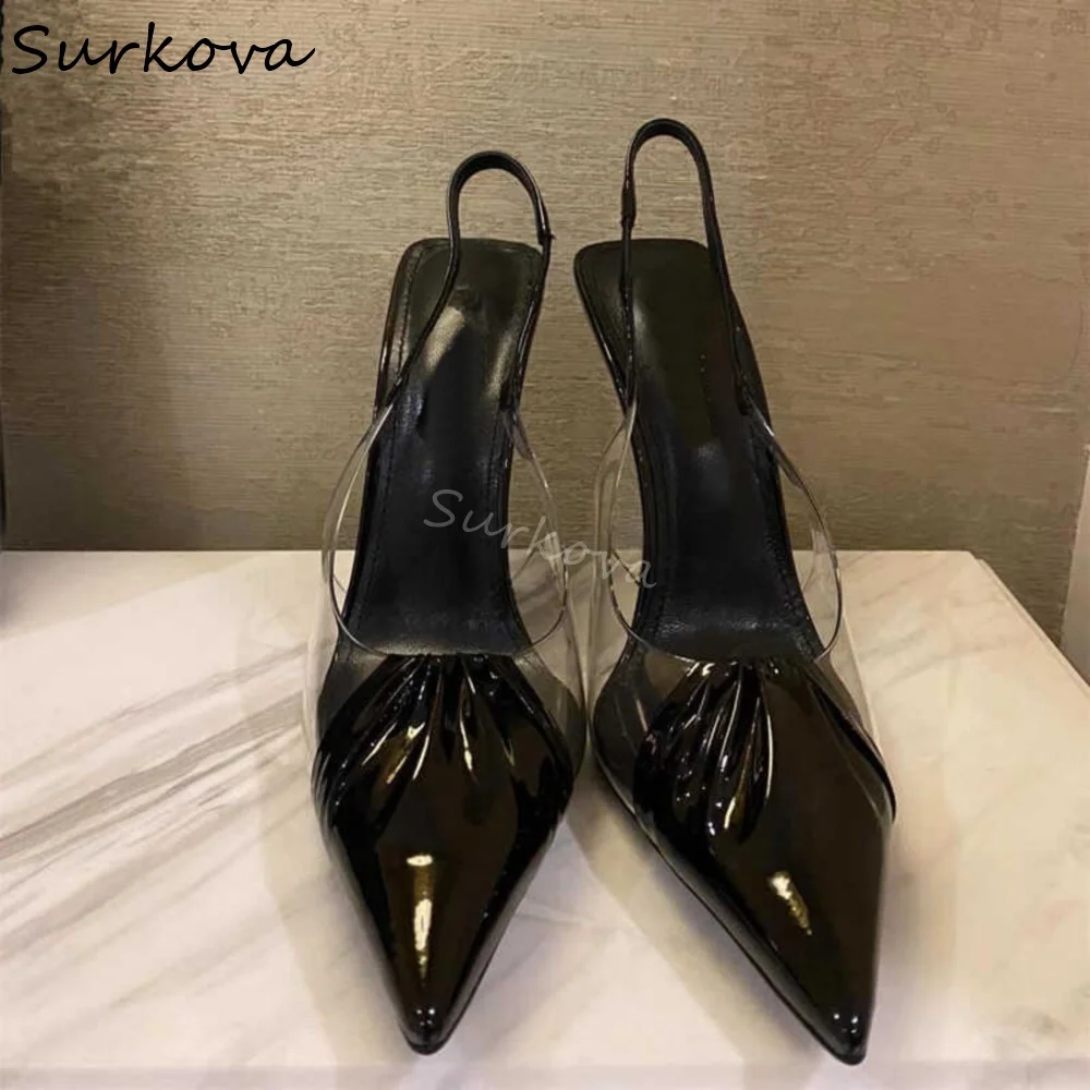 New Summer Transparent Sandals Women Pointed Toe Patent Leather Hotties Black Sexy 9cm Stiletto Sandals 2025 Fashion Sandals