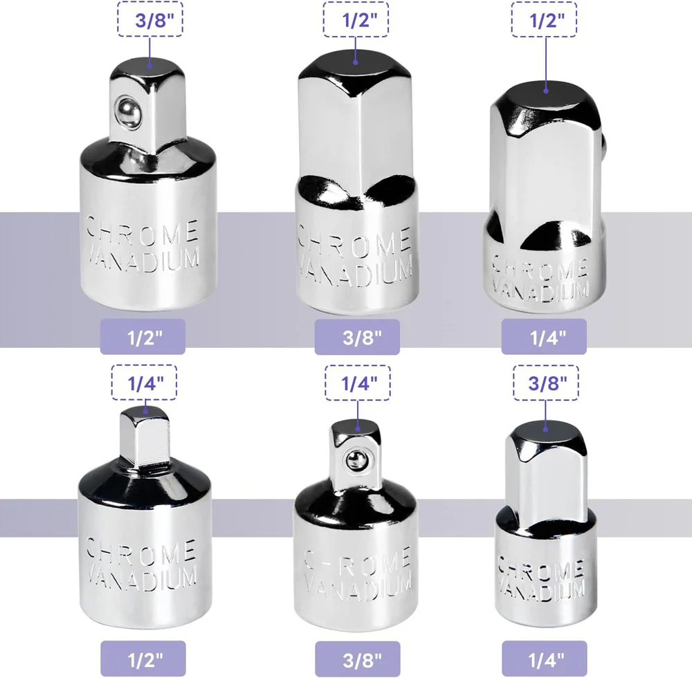 6 Pcs Chrome‑Vanadium Steel Socket Adapter Reducer Se Ratchet Wrench Converter Socket Extension Kit For Automotive Maintenance