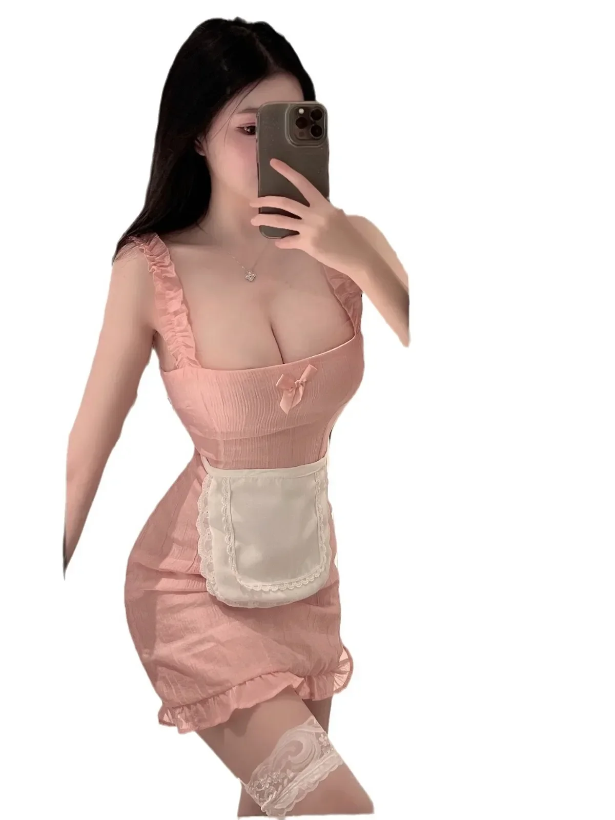 핑크 메쉬 시트 미니 드레스 란제리 새로운 섹시한 투명 귀여운 하인 메이드 역할 놀이 스트랩 드레스 우아한 탑