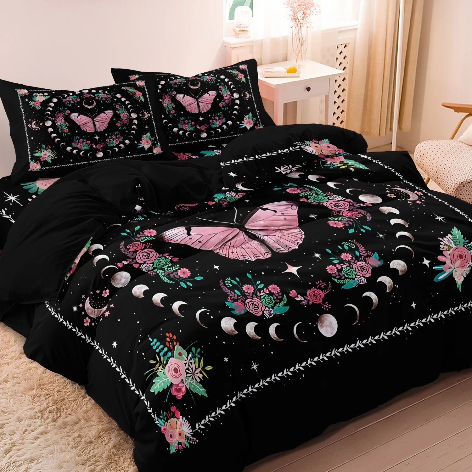 

3pcs Pink Rose Flowers, Plants Duvet Coverl,Bohemian Style White Crescent Moon And Pink Butterfly Animal Design Bedding Set