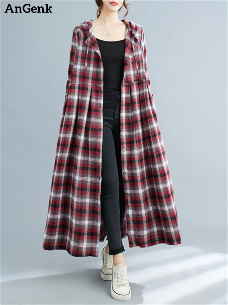 

2023 Arrival Autumn Winter Women Casual Loose Hooded Trench Coat Long Sleeve Single Breasted Red Plaid Cotton Office Lady Dress