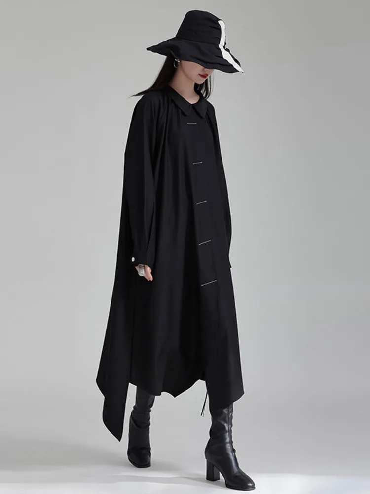 [EAM] Women Black Big Size Midi Shirt Dress New Peter Pan Collar Long Sleeve Loose Fit Fashion Tide Spring Autumn 2024 1DH2780