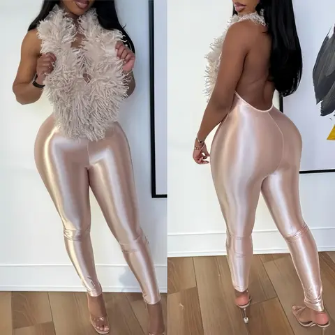 FAGADOER Winter New Sexy Fur Patchwork Bodycon Jumpsuits Woman Halter Deep V-neck Sleeveless Rompers Female Streetwear Overalls