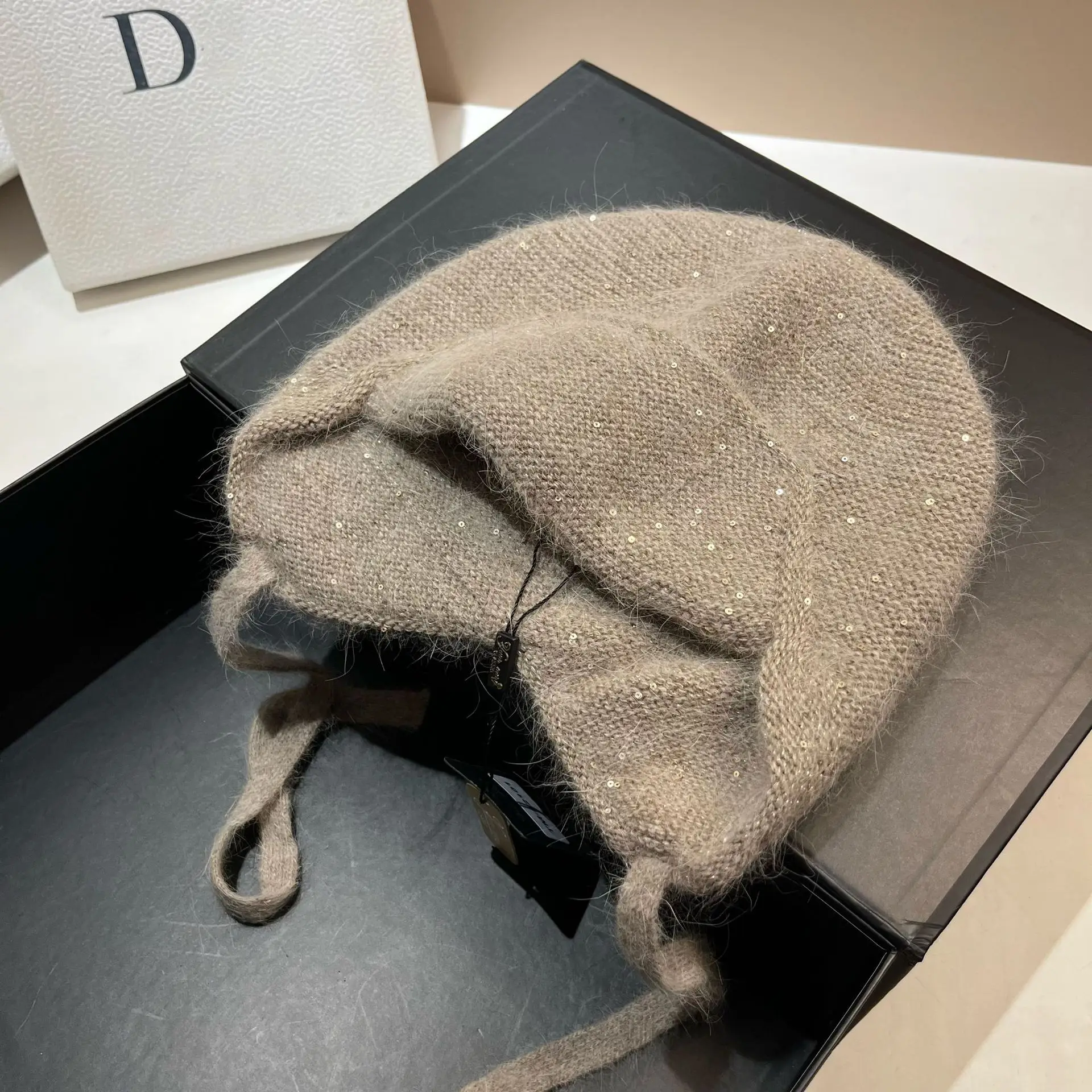 Glitter Sequins Earflap Knitted Hat Winter Warm Women Real Rabbit Fur Bomber Skullies Beanies Outdoor Skiing Ear Protection Cap