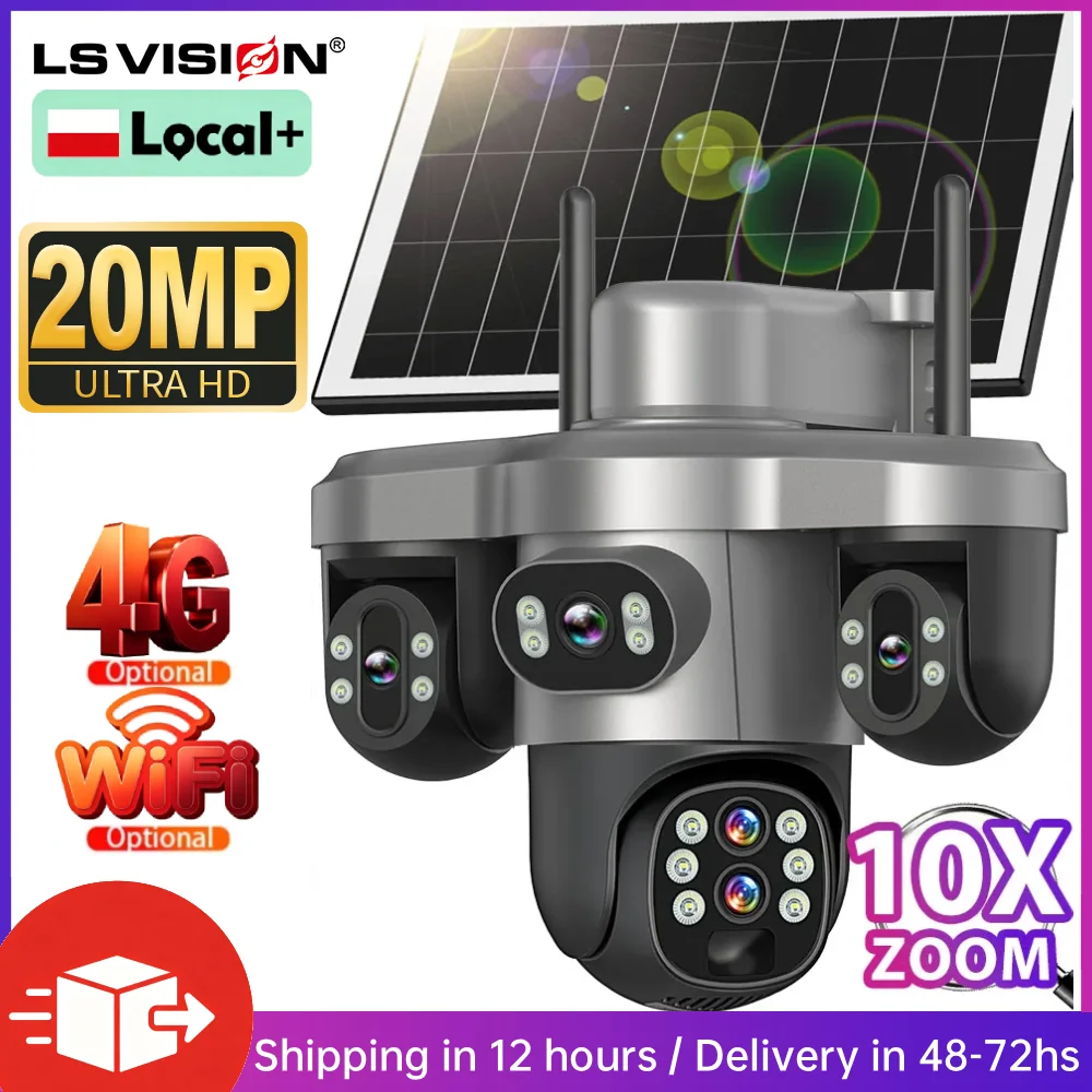Caméra solaire extérieure sans fil LS VISION 1/2PCS avec zoom optique 10X, 4G/Wifi, 20MP, 3 écrans, PTZ, caméra IP, suivi automatique, surveillance vidéo de sécurité CCTV V380 Pro