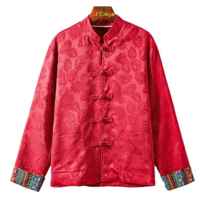 

Chinese-style Men's Red Long-sleeve Shirts, Black Jacquard Fabric Shirt, Single-breasted Stand-up Collar Vintage Top.