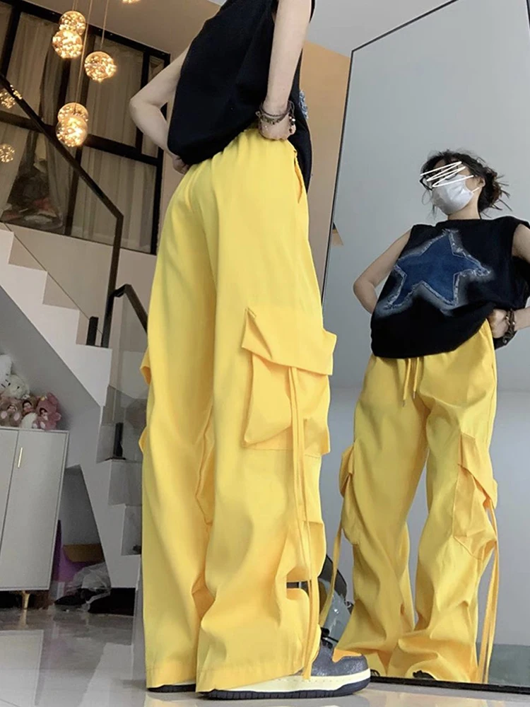 Luźne spodnie Cargo z wysokim stanem Y2K duże odzież uliczna z kieszeniami spodnie studenckie luźne jesienne koreańskie spodnie jednolity, damski