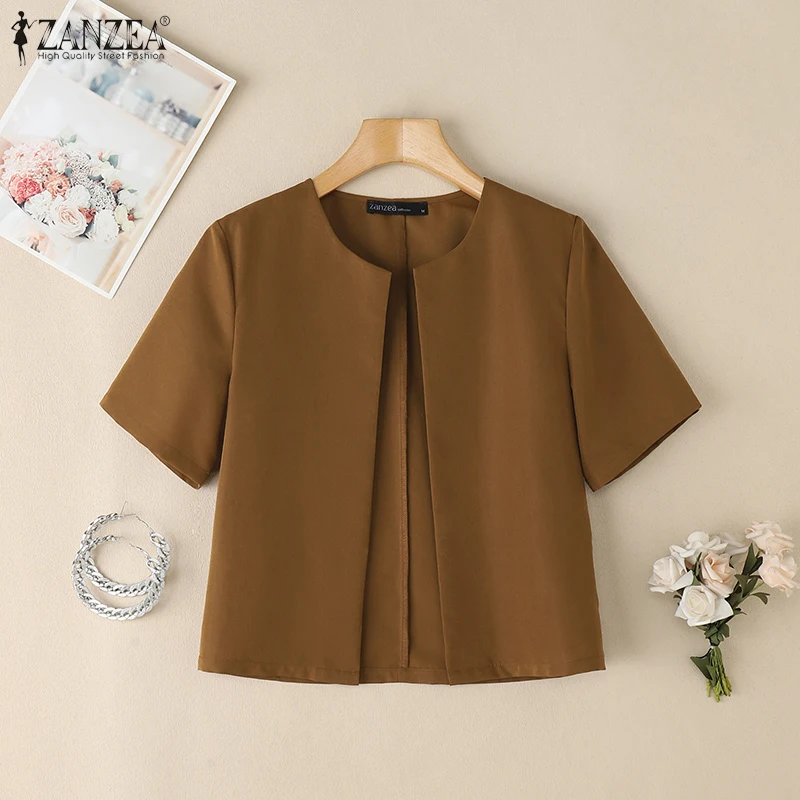 

Spring Summer Minimalist Casual Cardigan Top for Woman O-Neck Short Sleeve Open-Front Shirt ZANZEA Elegant Office Lady Outerwear