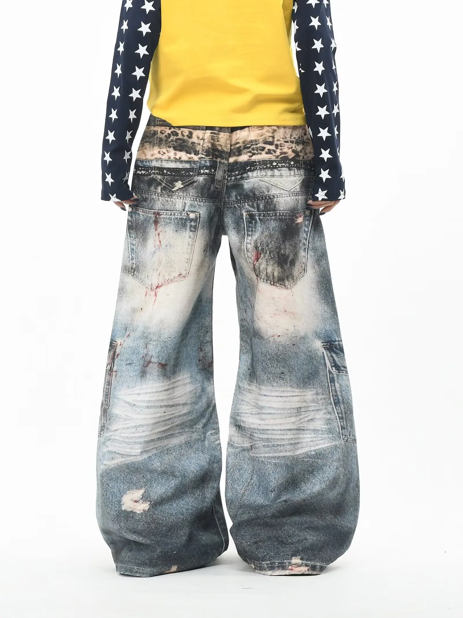 American y2k JeansHigh‑Street 3D Digital Chain Print Jeans Lady Vintage Washed Unique Wide Leg Hip‑hop Denim Long Trousers