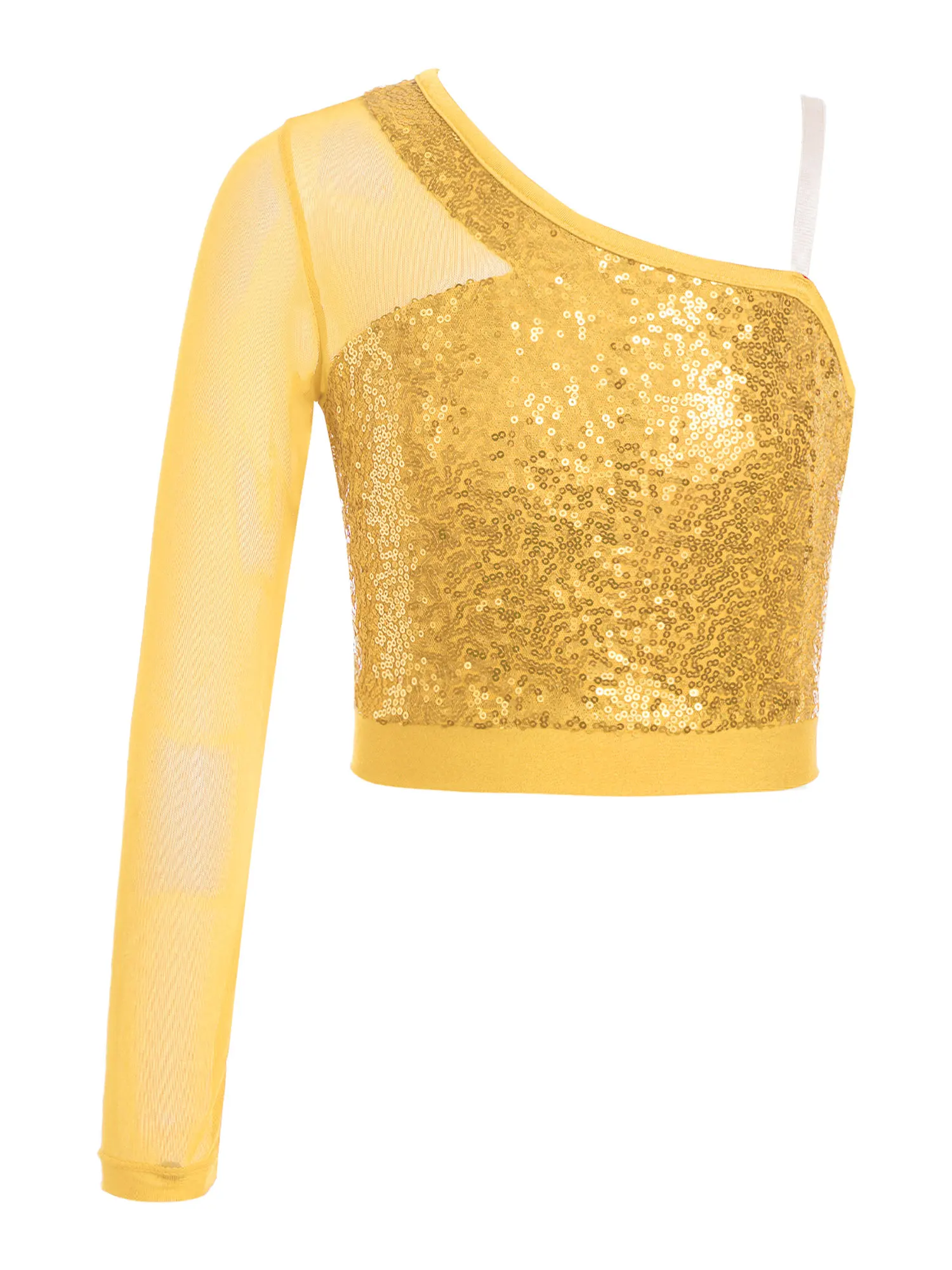 Kids Girl Sparkly Sequin Dance Top Mesh Jazz Dance Costume Long Sleeve One Shoulder Zipper Crop Top Stage Performance Dancewear