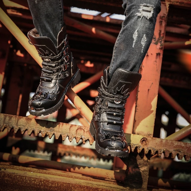 

Punky Style Men High Top Boots Man Outdoor Casual Shoes Men's Boots Fashion Mid-calf Leather Motorcycle Boots