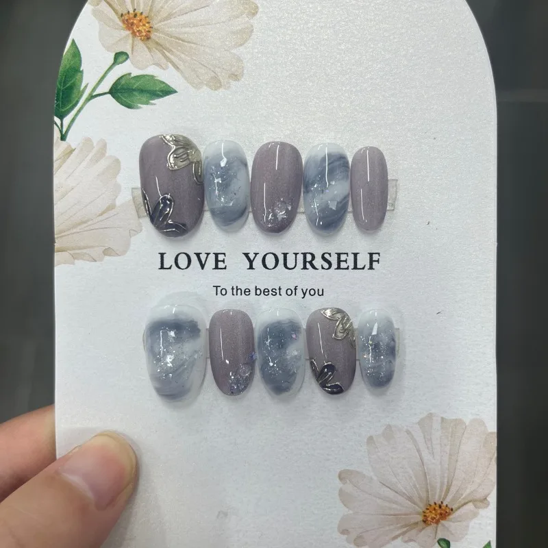Handmade Short and Medium press on nails Oval fake nails set with sticky tabs Blue Purple nails to stick on With box and tools