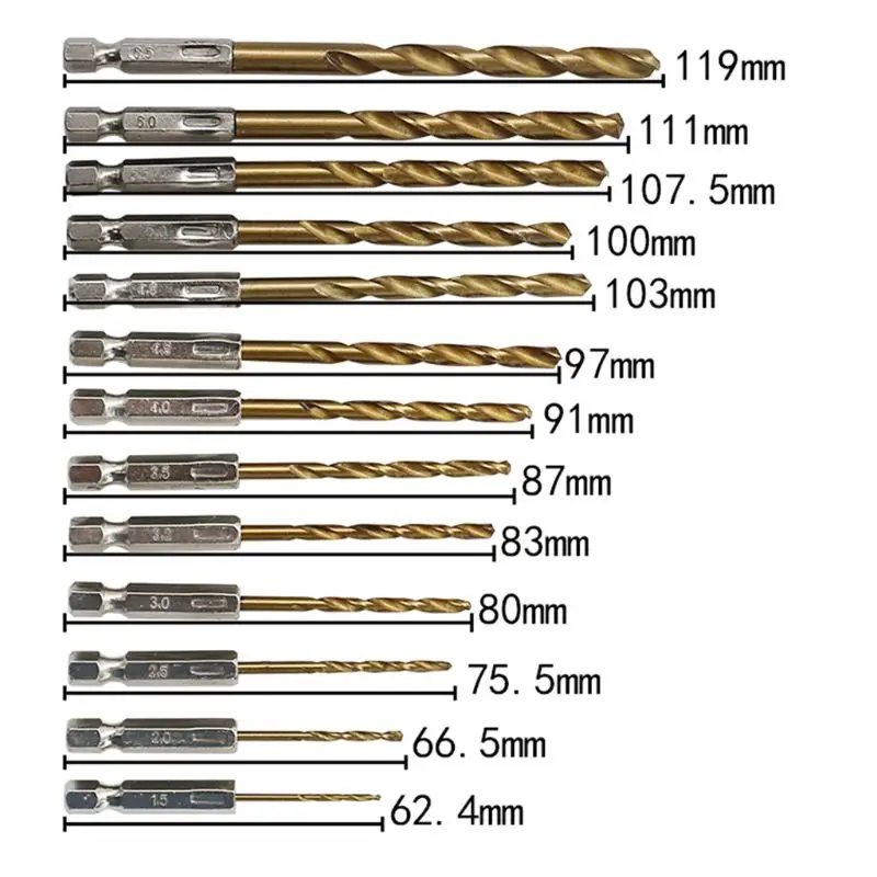 

13PCS/SET 1.5-6.5MM HSS High Speed Steel for Titanium Coated 1/4 Shank Drill Dropsale