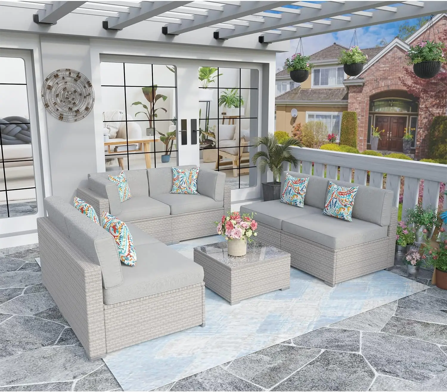 Outdoor Patio Furniture Set Outside Modular Sectional Sofa Set Outside L Shaped Couch Cushions,Pillows,Coffee Table Patio