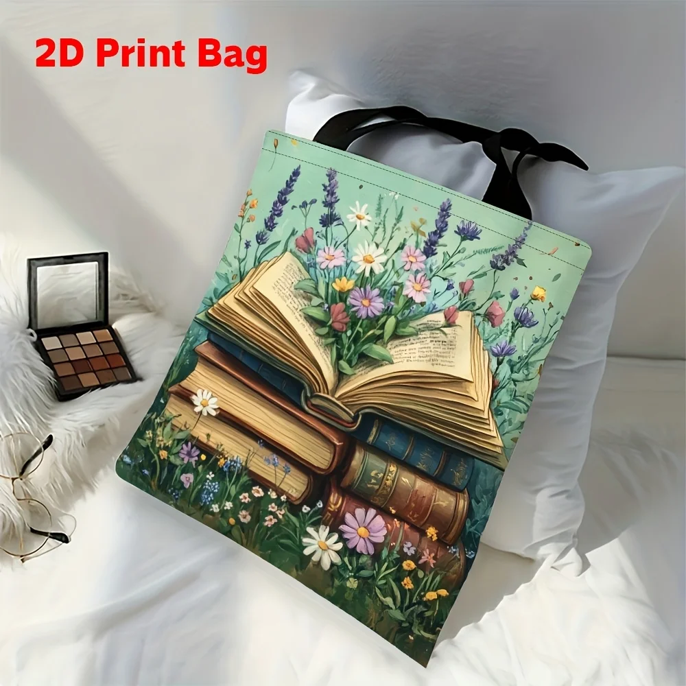 

1pc Floral & Books Canvas Tote Bag – Stylish Multi-Functional Handbag with Open Book Design, Perfect for Shopping