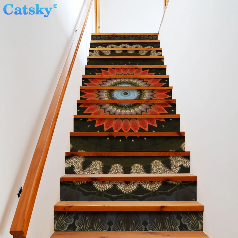 Ethnic Style Printstyle,Mandala,6pcs 13pcs/Set Stair Floor Stickers Waterproof Removable Self Adhesive Diy Stairway Decals