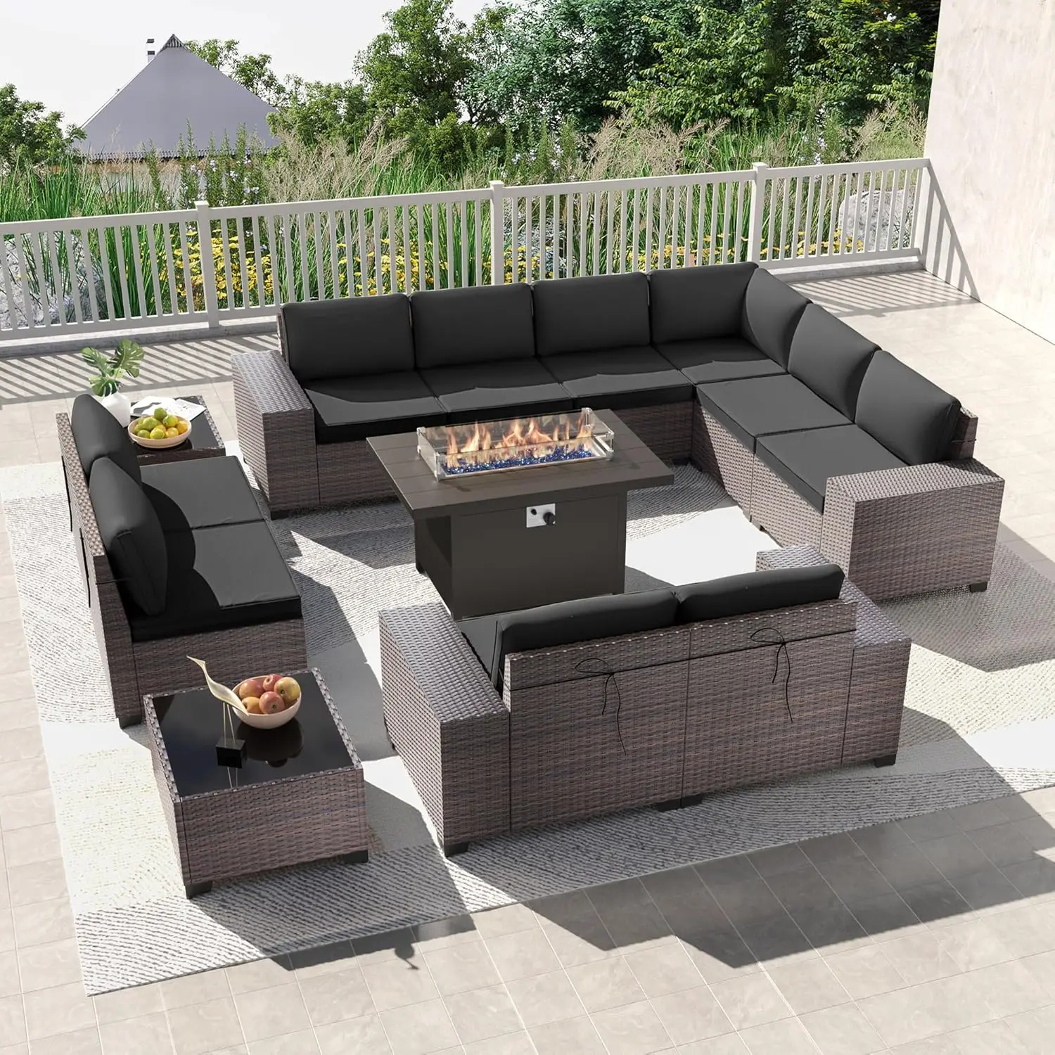 

Kullavik 13PCS Outdoor Patio Furniture Set with 43" 55000BTU Gas Propane Fire Pit Table PE Wicker Rattan Sectional Sofa Patio