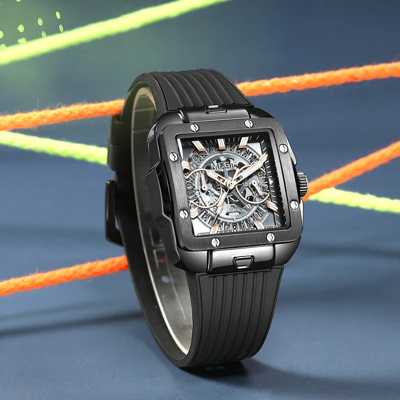 

MEGIR Chronograph Quartz Watch Men Fashion Waterproof Black Silicone Strap Sport Wristwatch with Luminous Hands Auto Date