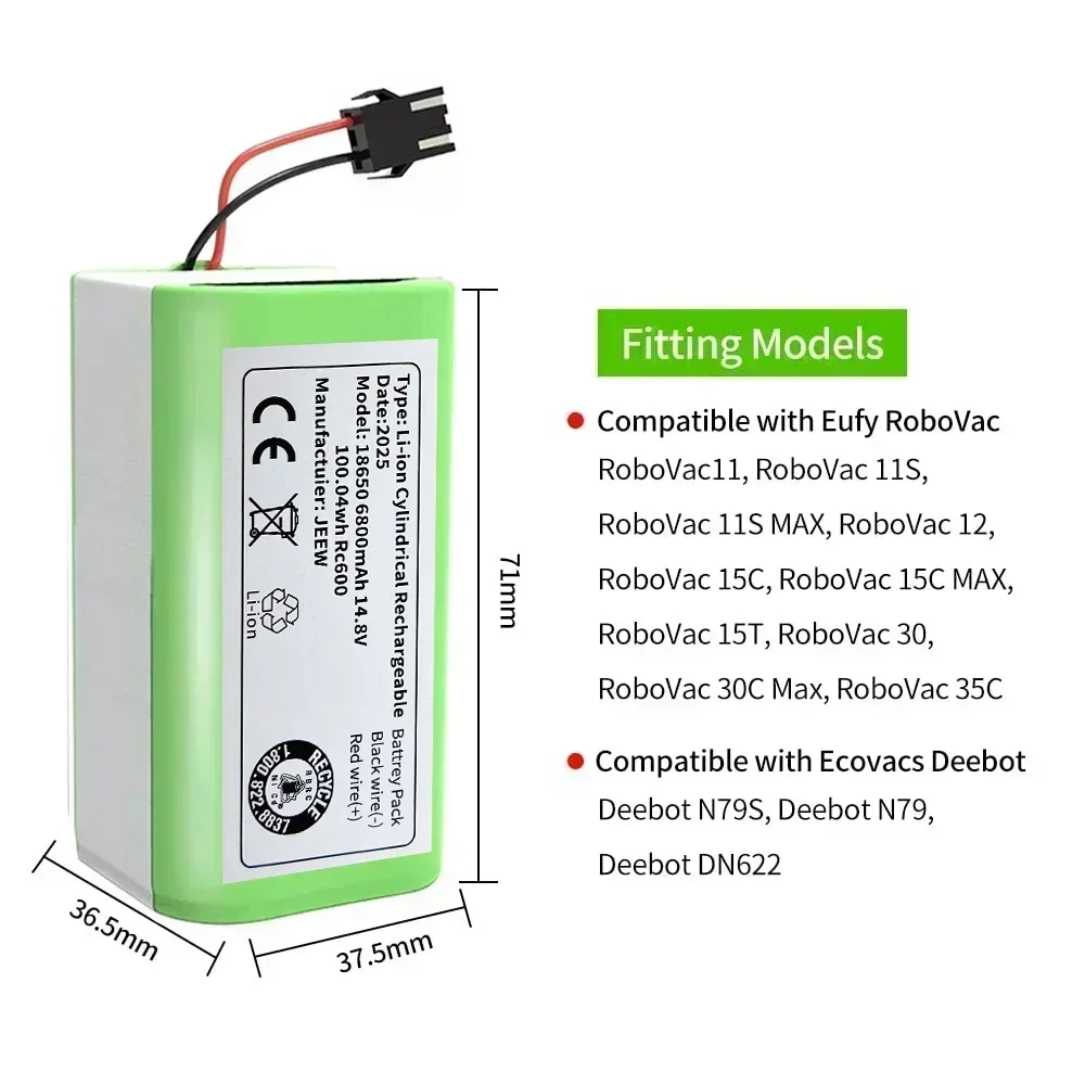 

Сменный литий-ионный аккумулятор 4S1P 14,4 В 6800 мАч для Conga 990 1090 Ecovacs Deebot N79S N79 DN622 Eufy Robovac 11 11 S