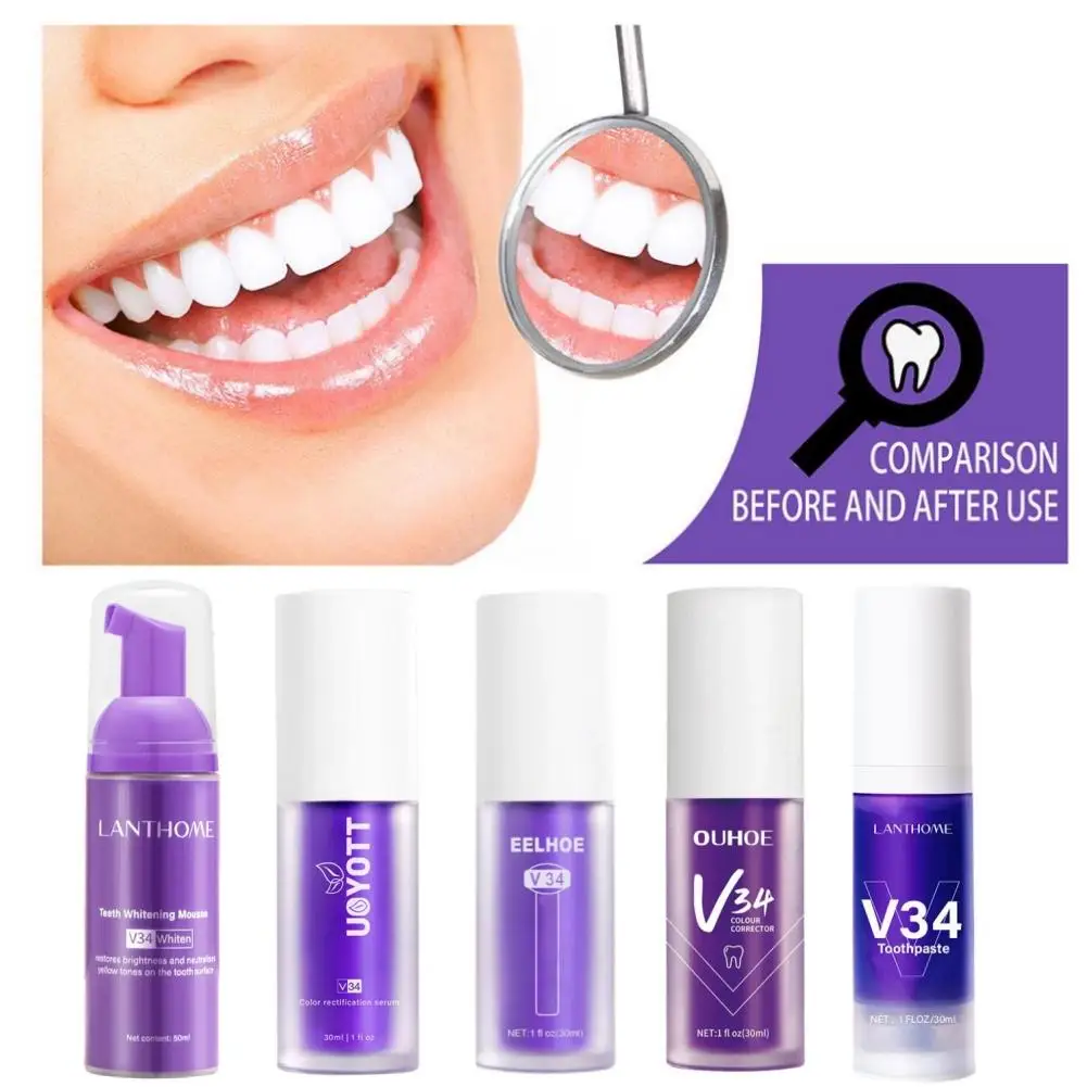 

V34 Teeth Whitening Purple Toothpaste Remove Teeth Stain Brightening Whitening Essence Fresh Breath Color Corrector Oral Care