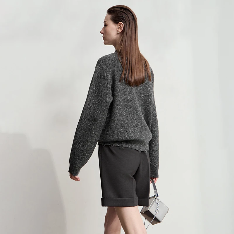 AMII المرأة سترة 2025 الخريف جديد أنيق الصلبة سترة مشغولة من الصوف المرأة الجولة الرقبة طويلة الأكمام تنوعا Female12513009