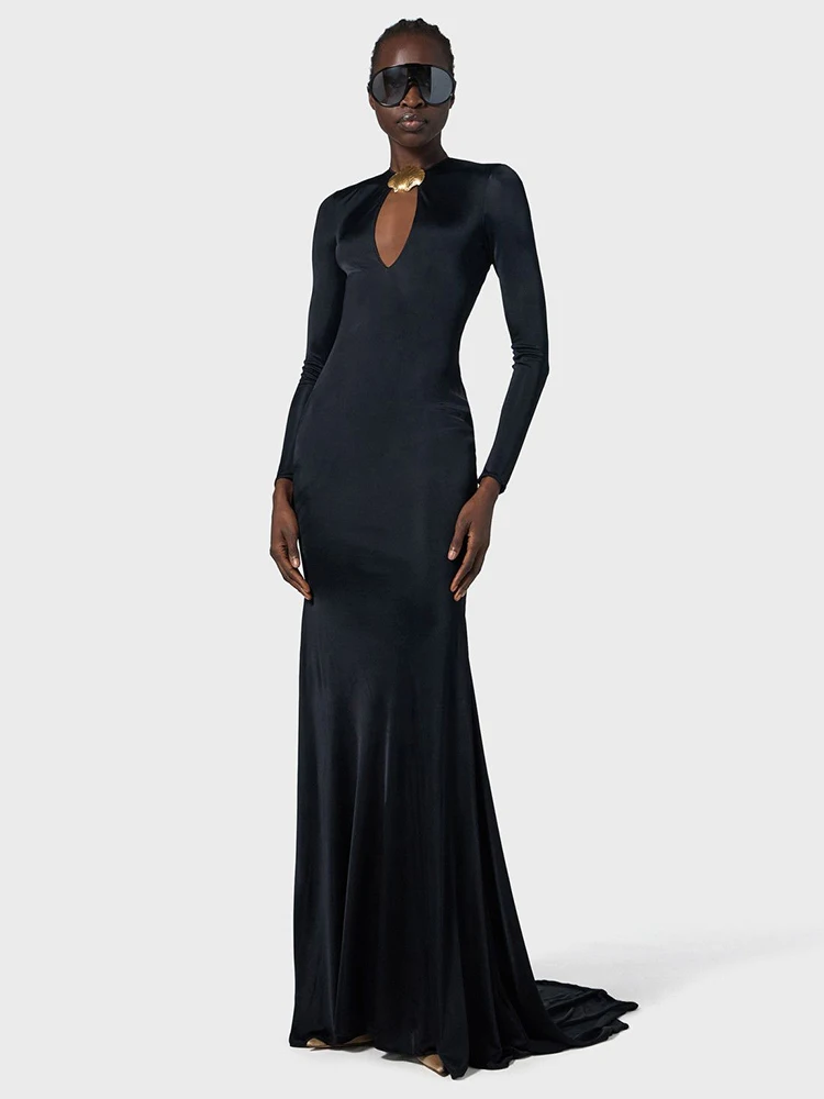

Women Elegant Black Long Sleeve Bodycon Long Dress with Keyhole Detail Celebrity Party Upscale Evening Gown
