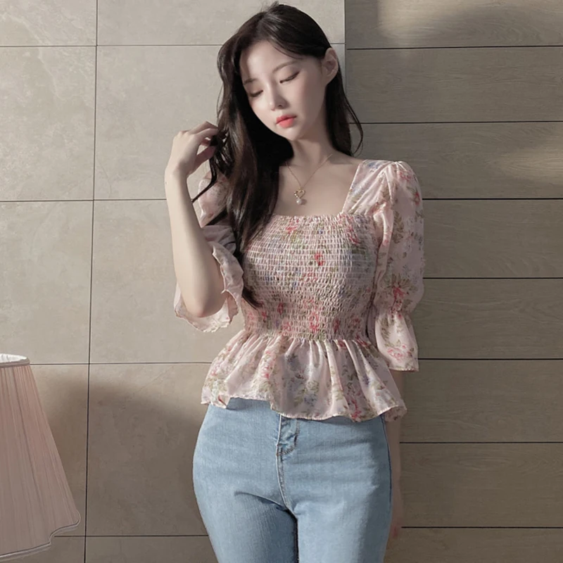 Sweet Flora Women Shirts Korean Chiffon Slim Ruffles Lantern Short Sleeve Female Blouse Summer New Fashion Folds Ladies Crop Top