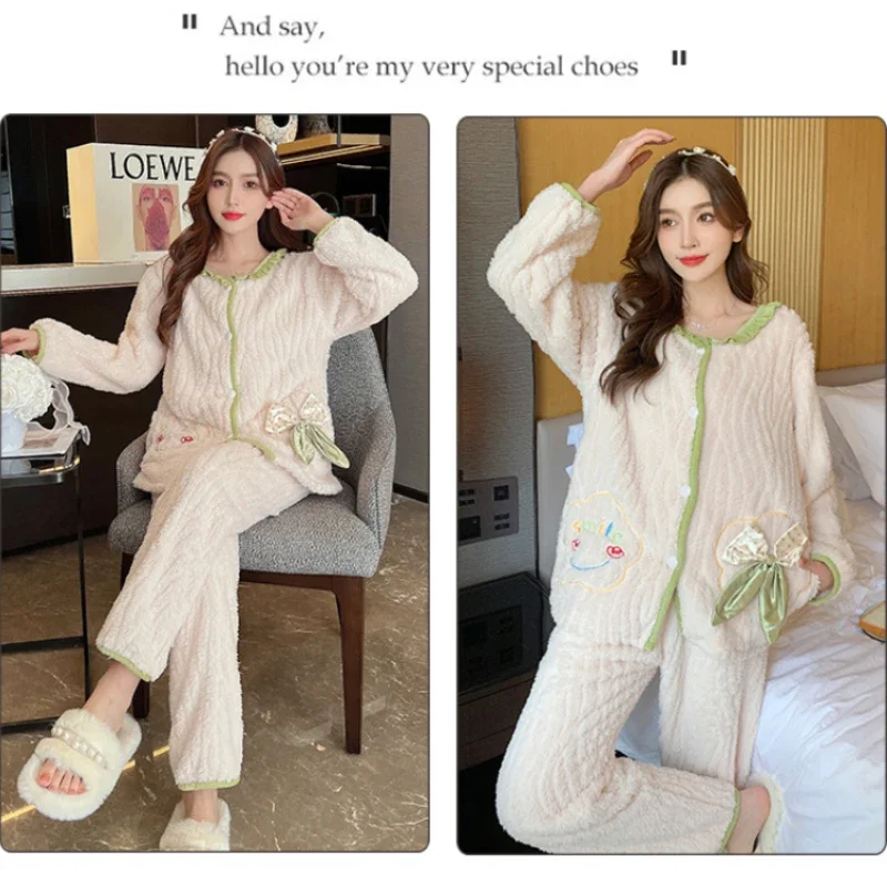 5XL Large Size Homewear Women\'s Sweet Thickened Winter Warm Home Clothes Flannel Long Sleeve Cardigan Pants 2 Piece Set Pajamas