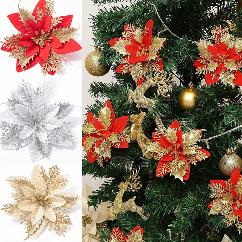 

1/5/10Pcs Glitter Artificial Christmas Flowers Xmas Tree Ornaments Christmas Decorations for Home Navidad New Year Party Gifts