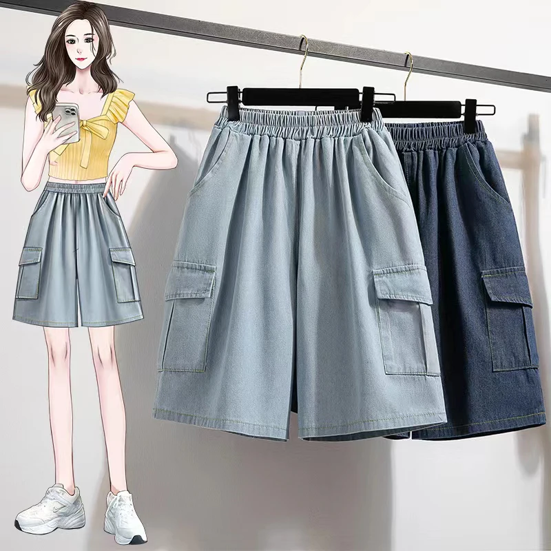 Plus size cintura alta solto ajuste cinco Polegada orts feminino verão fino denim plus size calças de perna larga corte reto calças de algodão